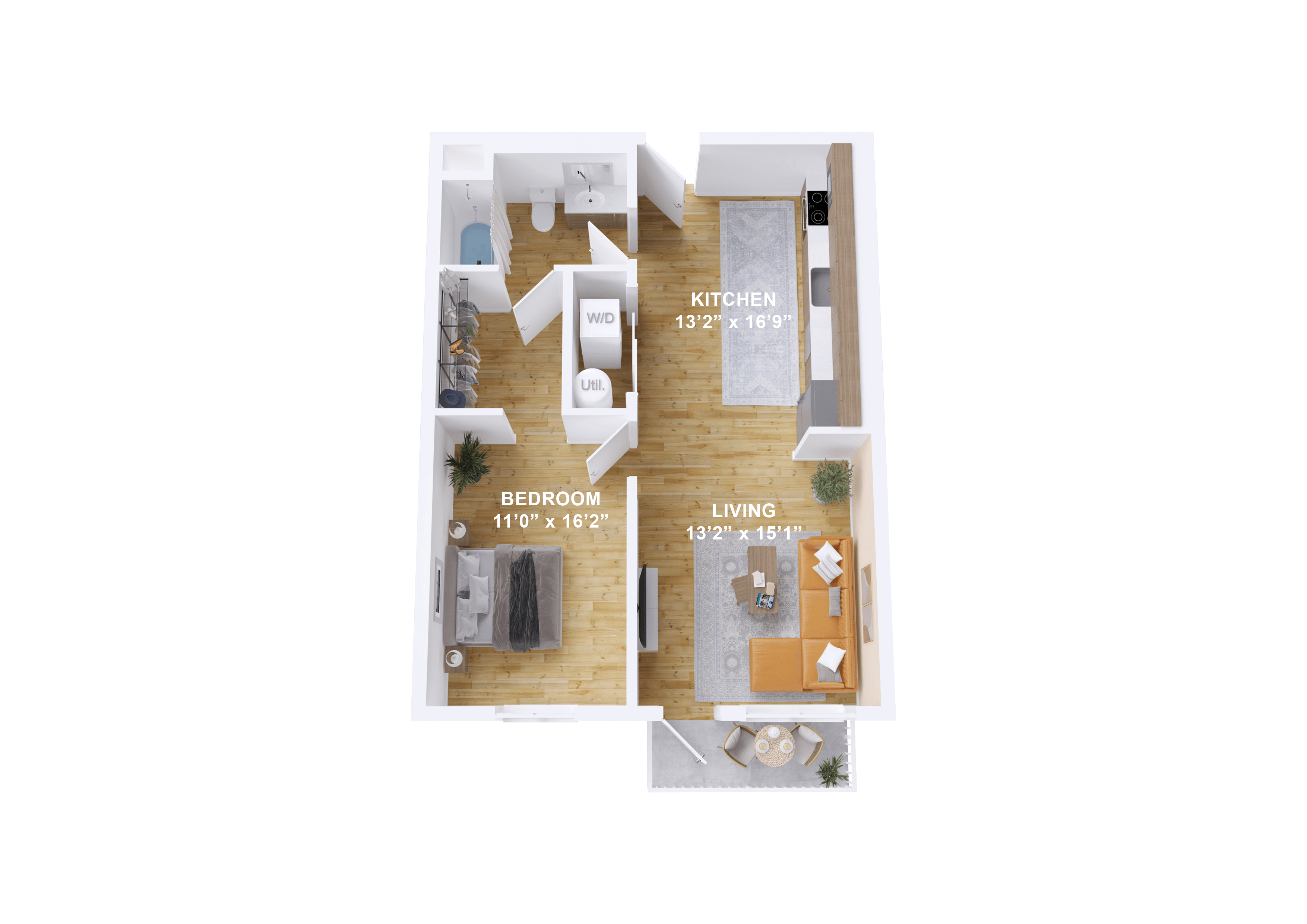 a floor plan of a studio apartment with a bedroom and a living room